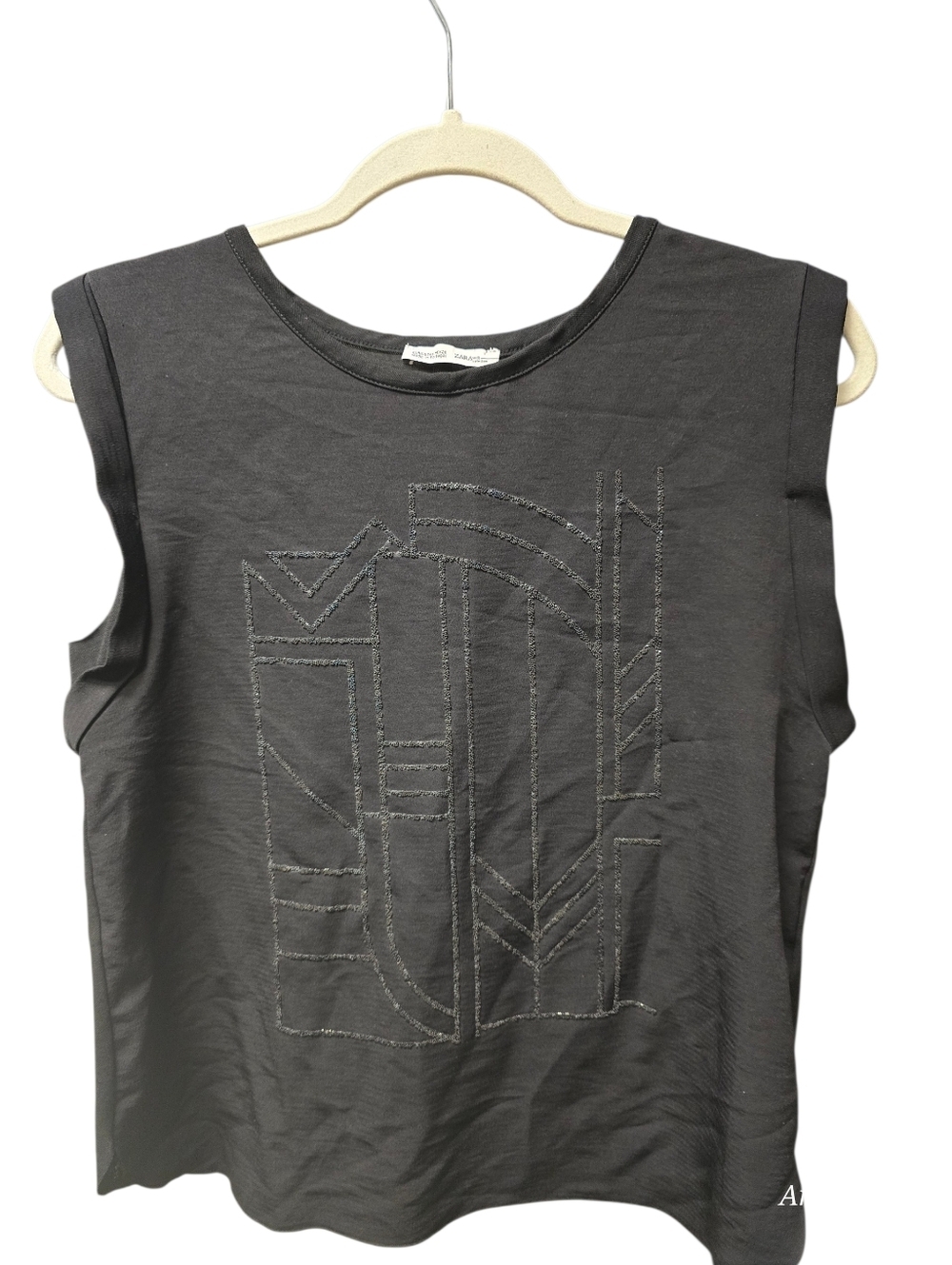 Zara Crepe Black Sheer Back Beaded Geometric Detail Muscle Tee SZ S